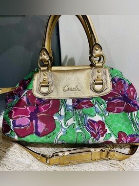 Vintage Coach Ashley Floral Art Print Satchel Handbag with Gold Metallic Leather